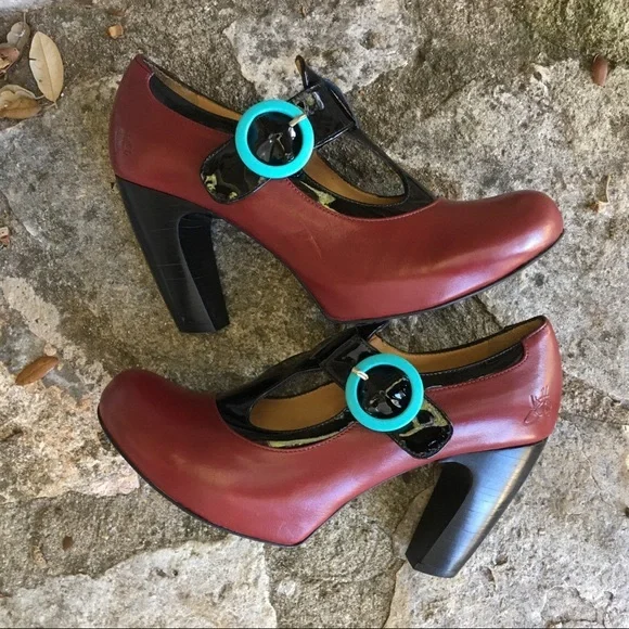 John Fluevog Red and Black Heels with Blue Accents - Picture 1 of 4